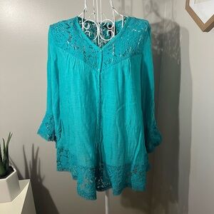 New Directions Blue Lace Button Front Blouse Whimsical Sz PL Bohemian Fairycore
